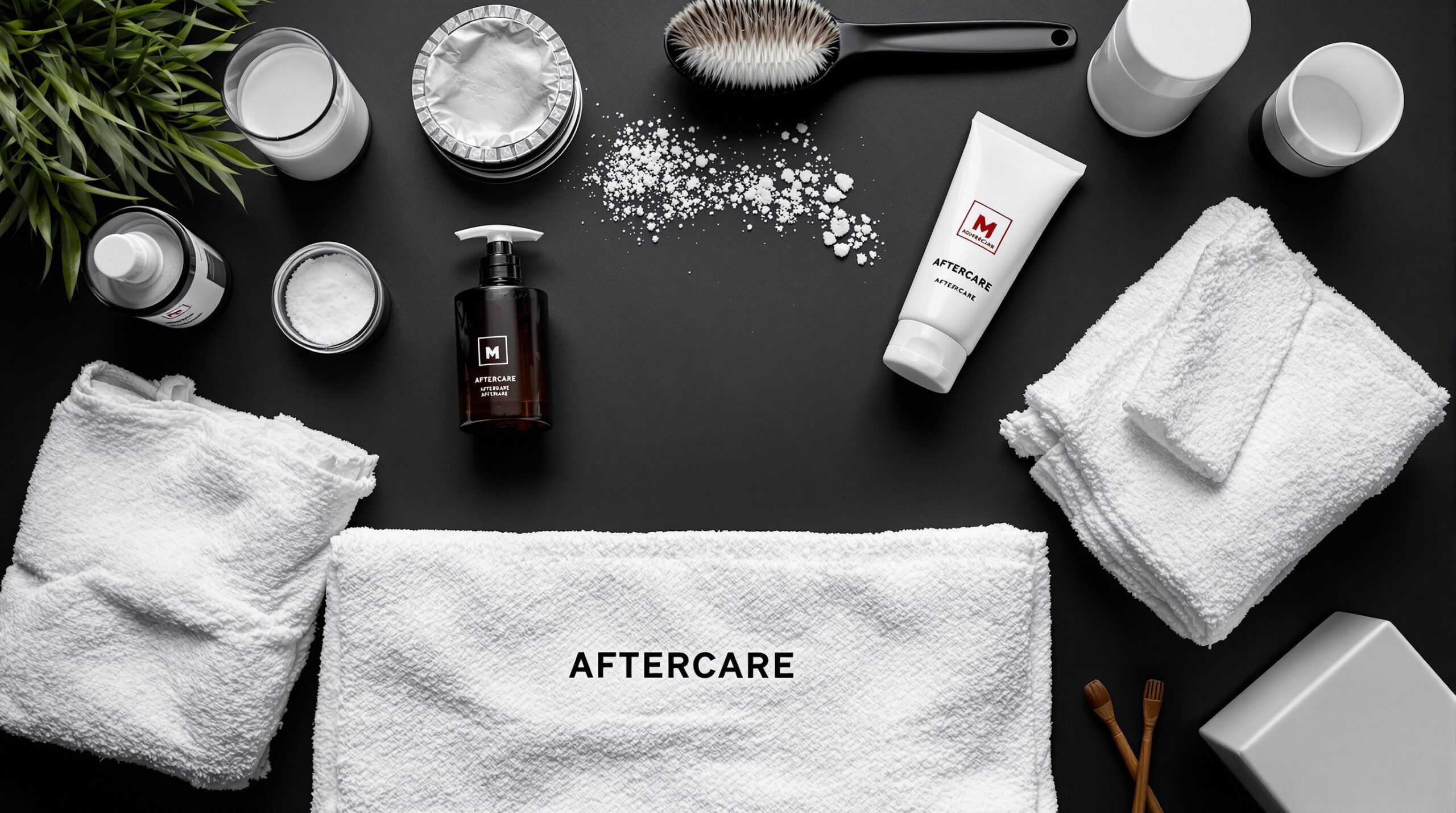 Clean, clinical arrangement of aftercare products and items on a dark surface with professional lighting. White towels, minim