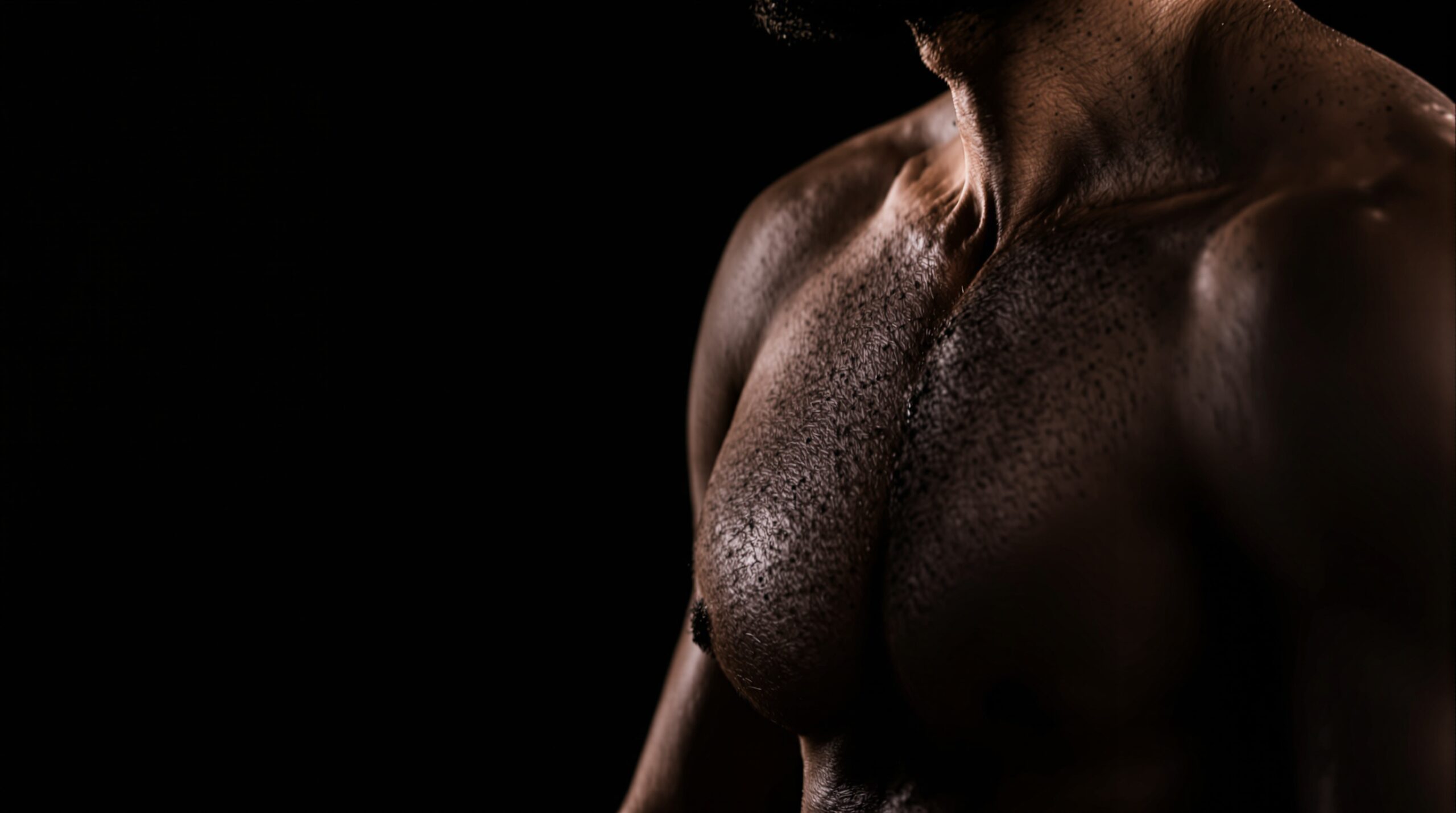 Editorial-style photograph of a man's chest and shoulders in profile against a dark background. Professional studio lighting